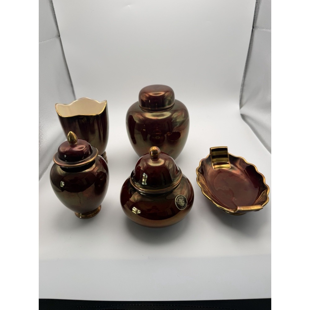 Carlton Ware Lustre Pottery Vanity 5 Piece Set Copper Gold Jars Vase Ashtray